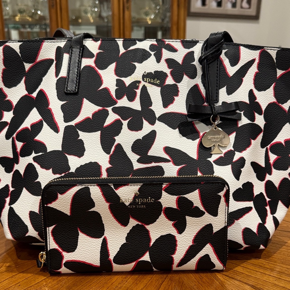 Kate Spade Black and White Butterfly Tote with Red Accents
